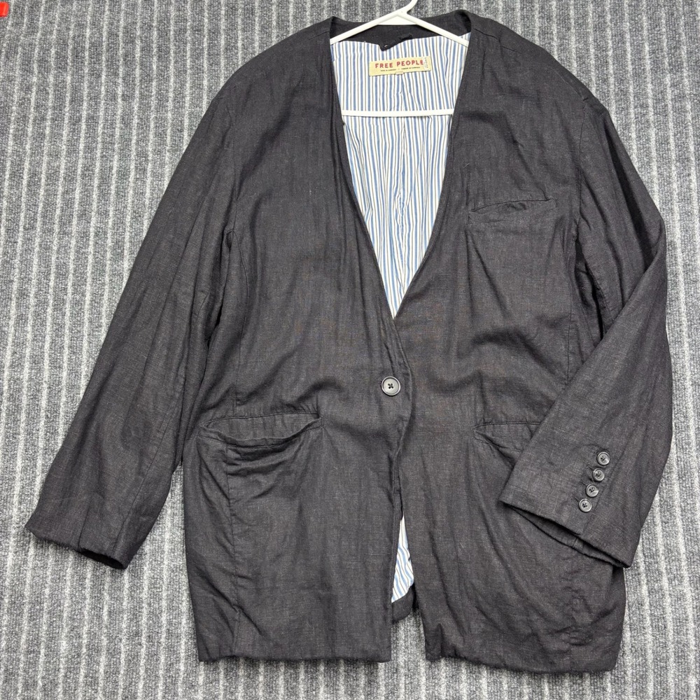 Free People Blazer Large Charcoal Gray Linen Blend Collarless OB2195220 (2195)